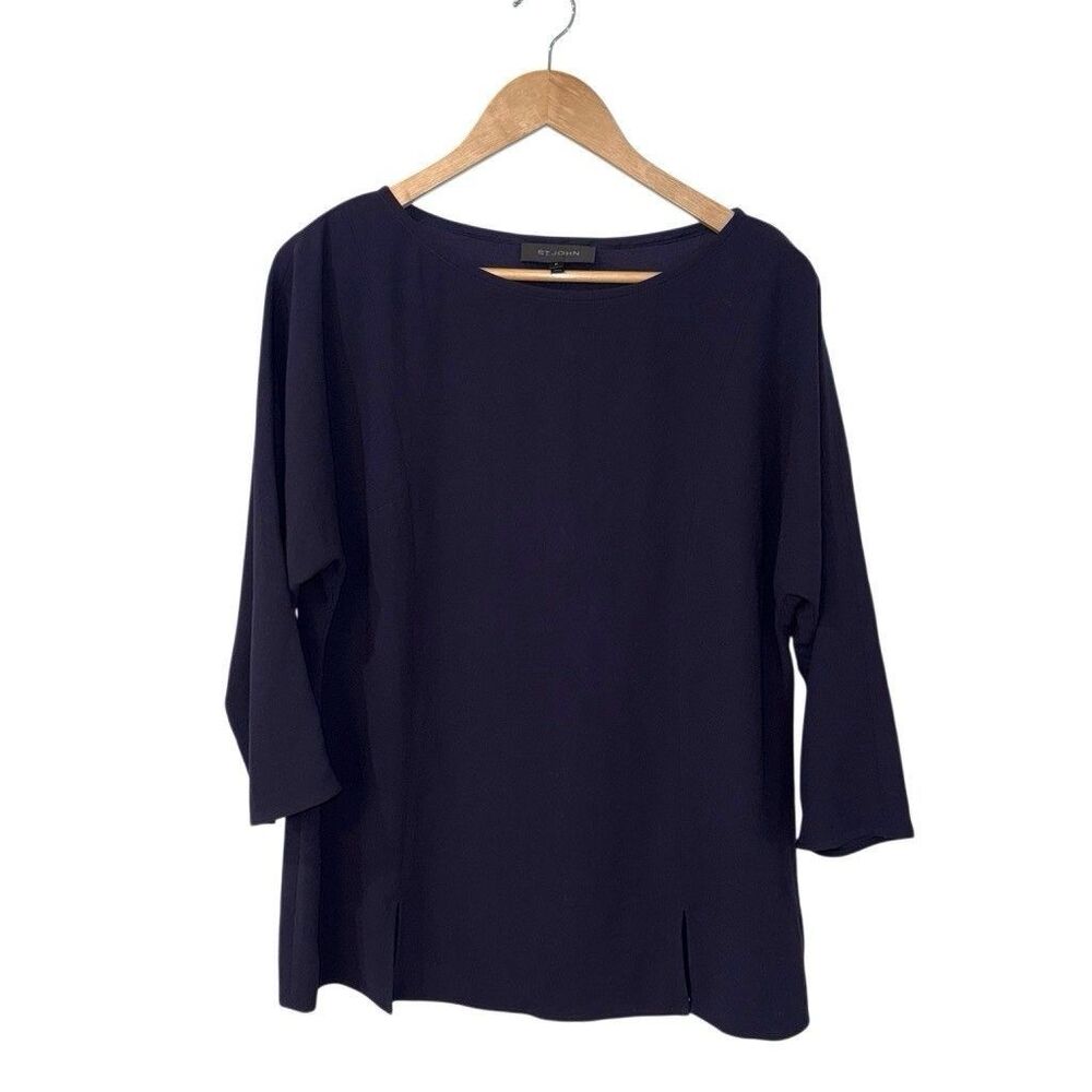 St John Navy Top Boat Neck 3/4 Sleeve Size Medium Slits Hem